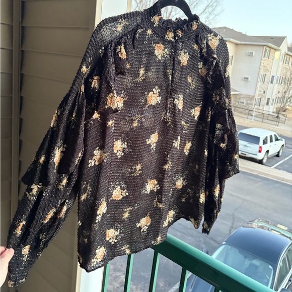 🆕⭐️Maje Floral Textured Blouse Black Ruffle Romantic Boho Top Size L (3) Chic - Picture 6 of 15